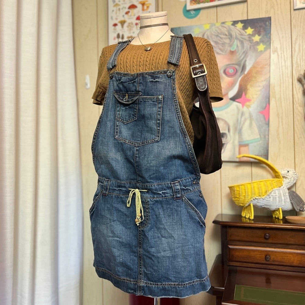 Denim Overall Dress Medium Wash Floral Embroidery Lace Drawstring Mini Bib